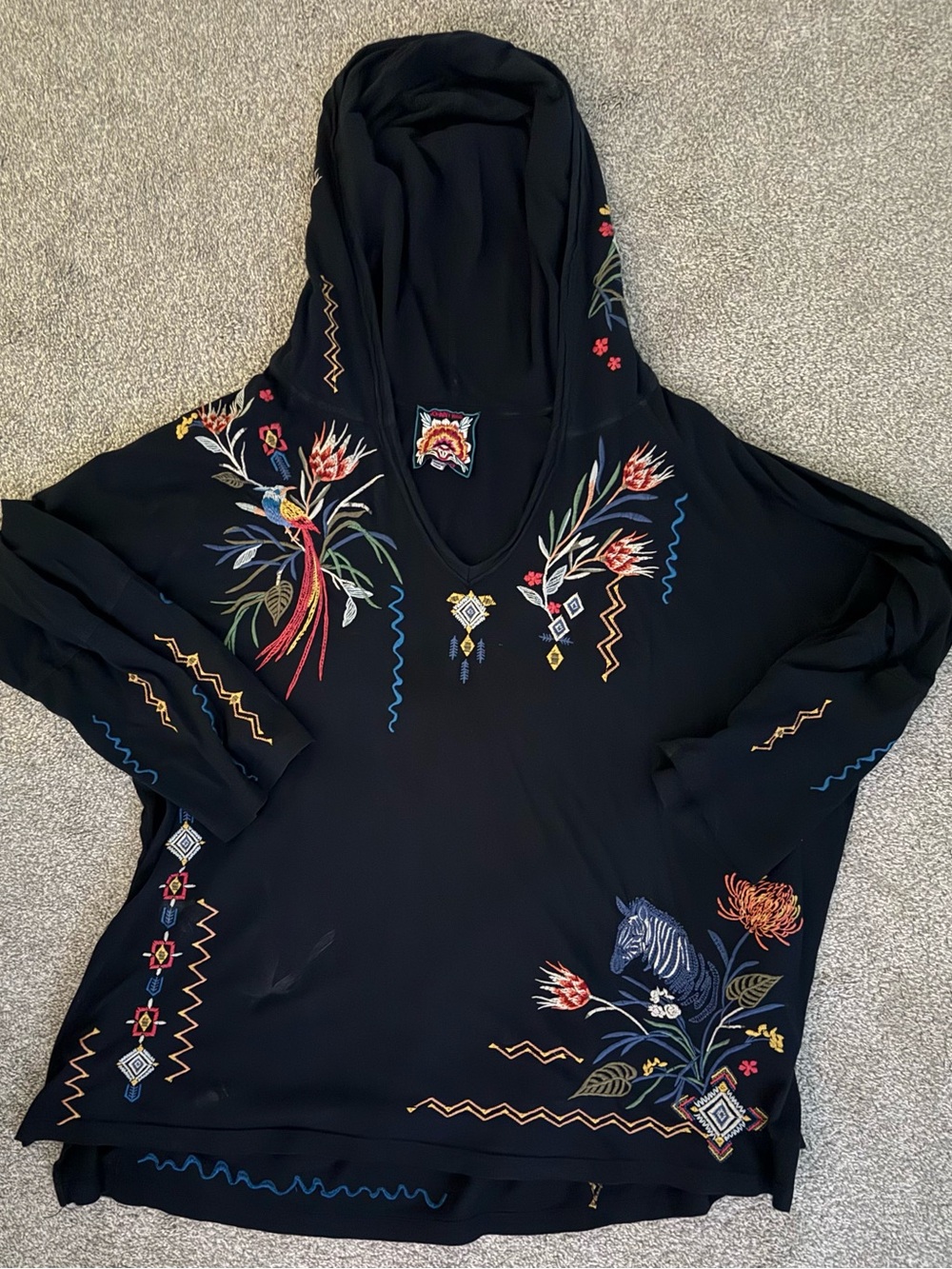 Johnny Was Black Hoodie Tunic with Multicolor Embroidery & matching leggings